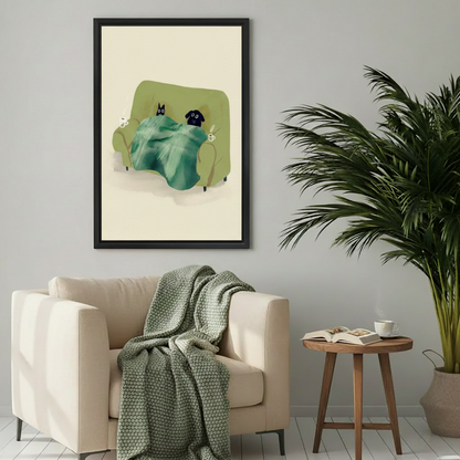 Cute cat dog cozy sofa framed wall art print in warm beige living room — whimsical pet home decor