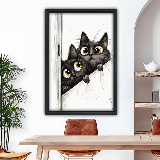 Peeking black cats framed canvas wall art in black frame above dining table, funny cat print home decor