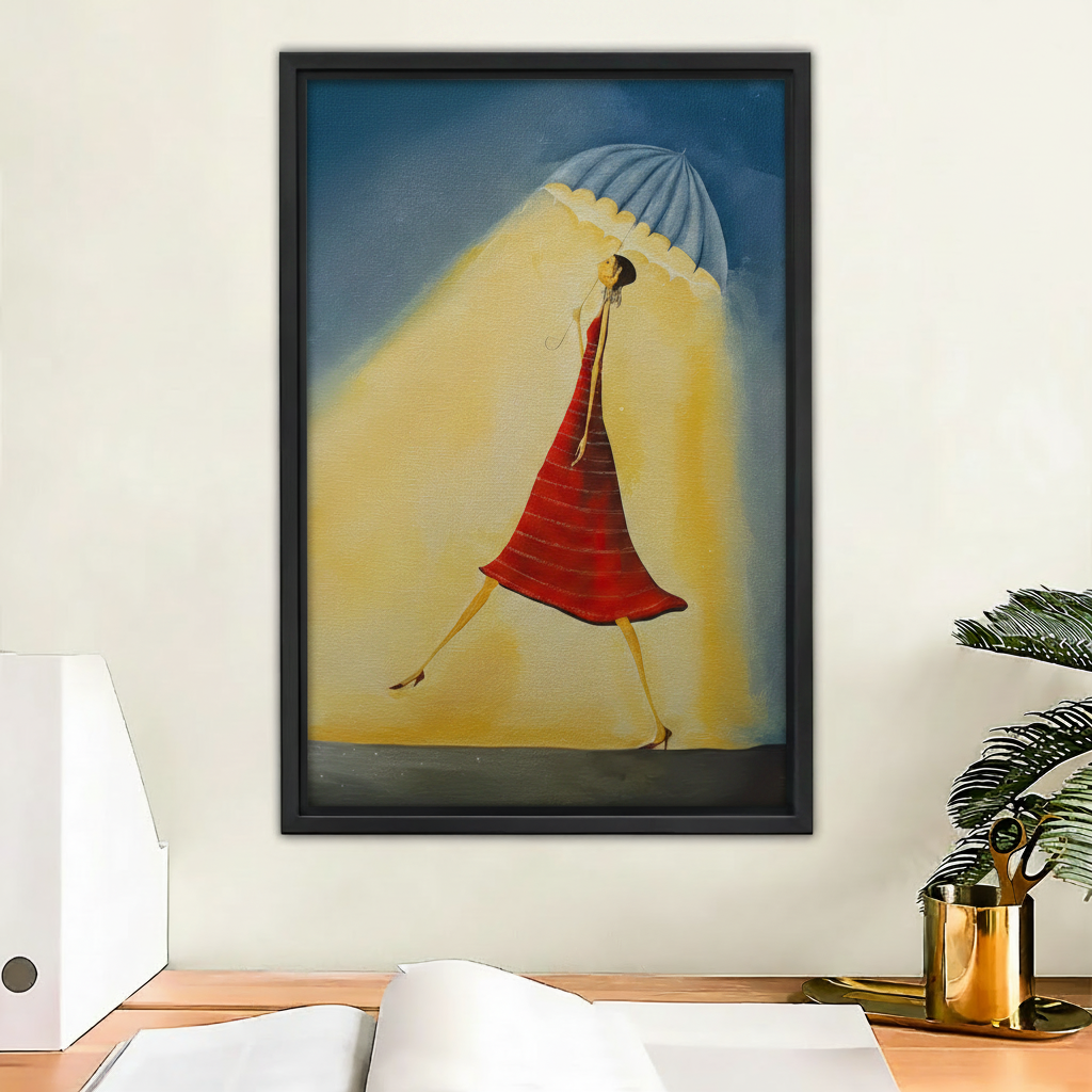 Surrealist framed canvas wall art print of elegant woman in red dress holding blue umbrella in golden light