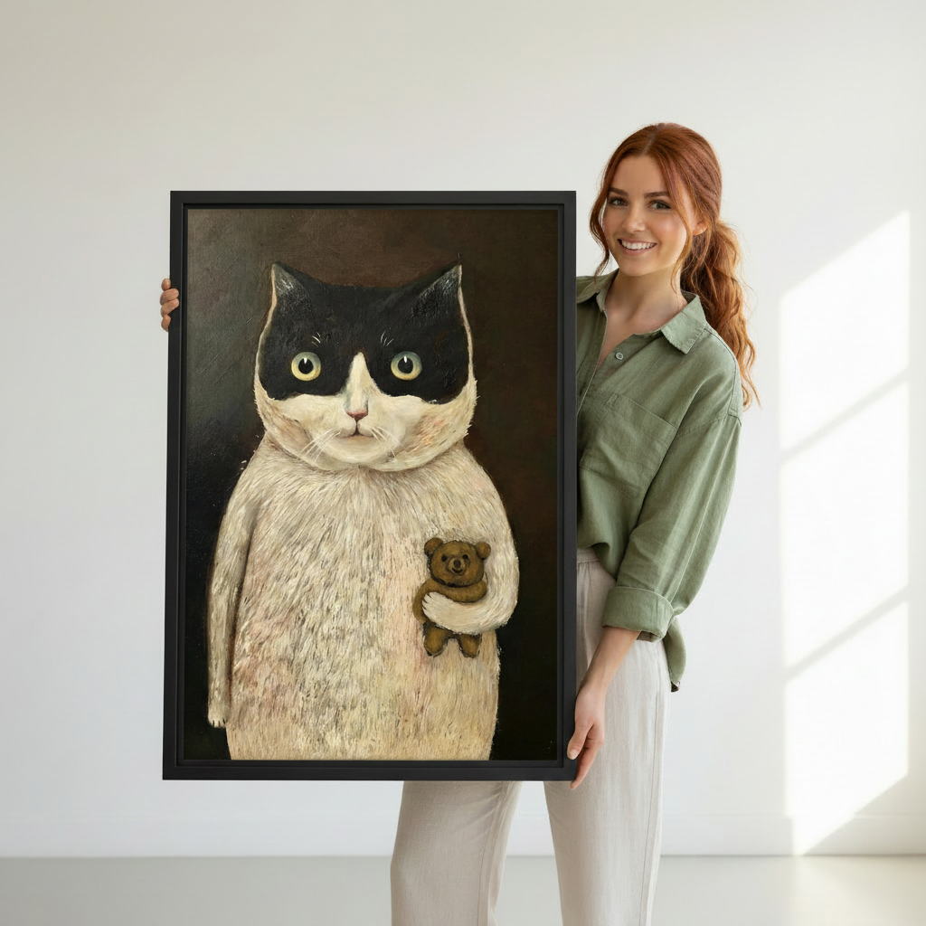Woman holding large tuxedo cat teddy bear whimsical framed canvas wall art print