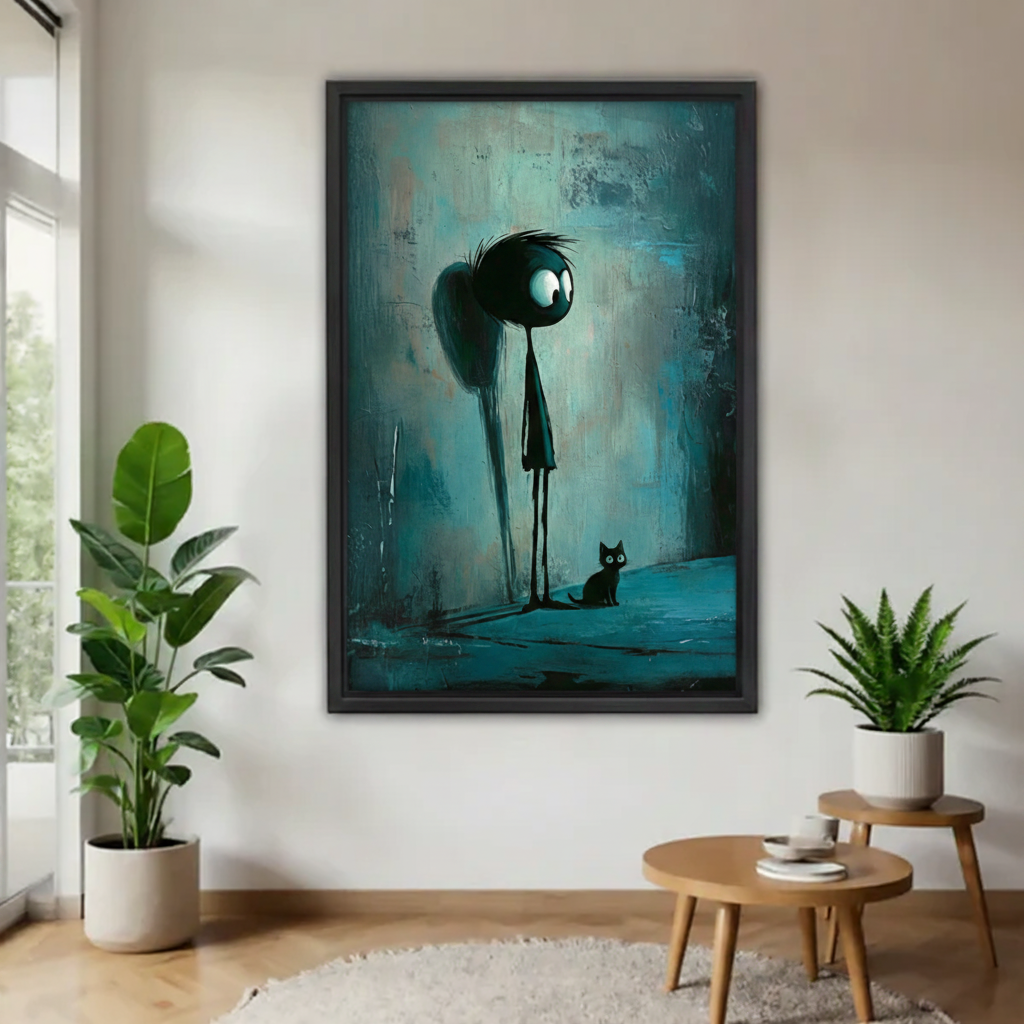 Dark fantasy quirky figure and black cat framed canvas wall art in minimalist white living room with plants
