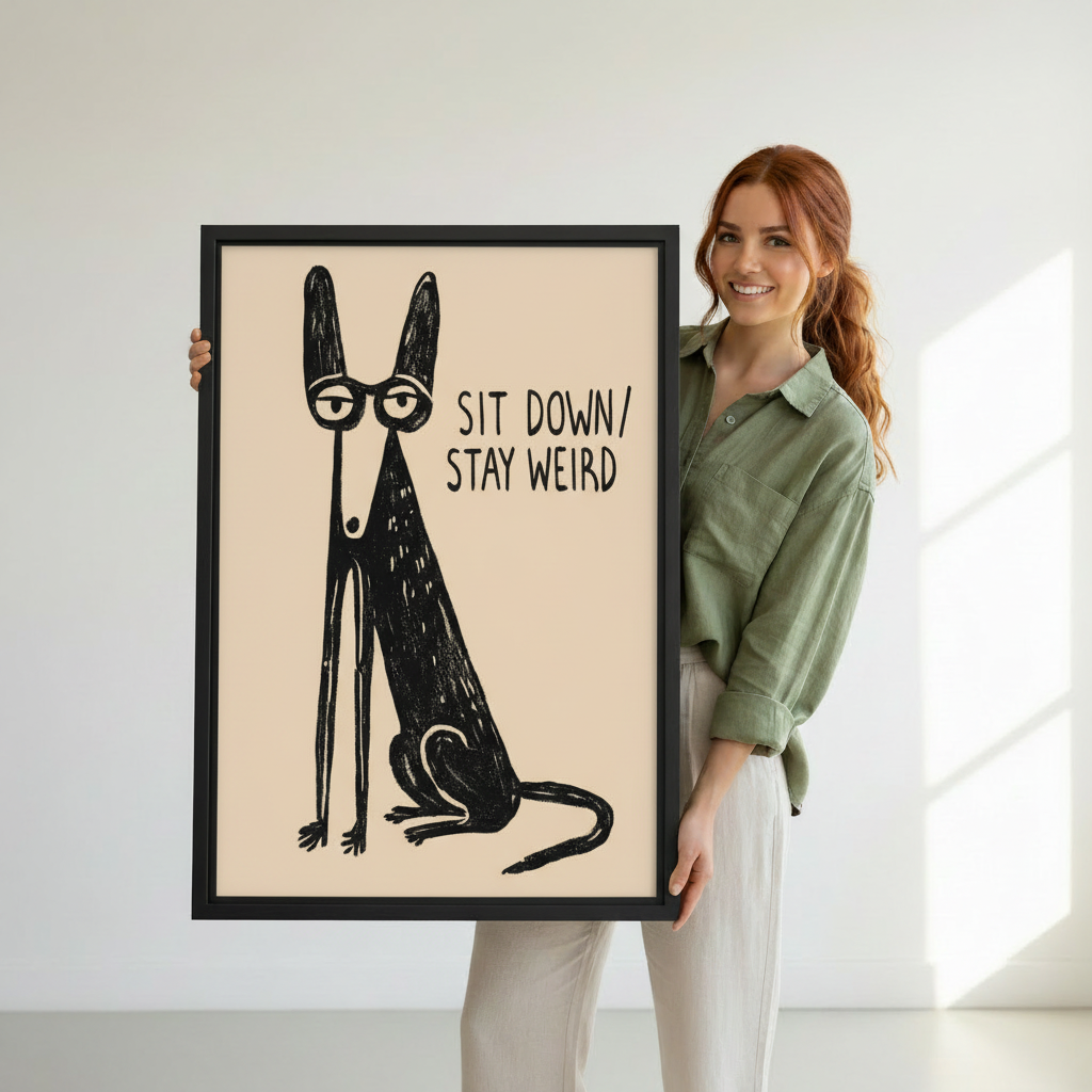 Woman holding large 'Sit Down Stay Weird' quirky dog framed art print – size reference