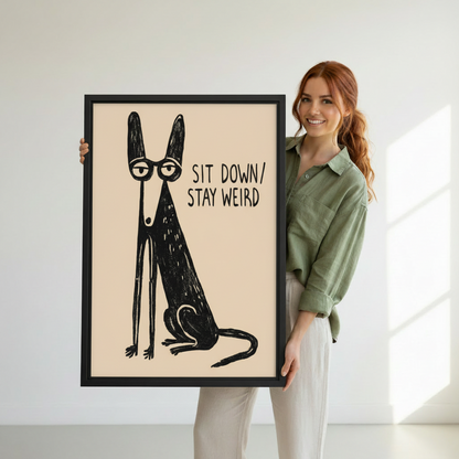 Woman holding large 'Sit Down Stay Weird' quirky dog framed art print – size reference