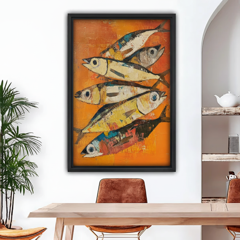 Framed abstract fish painting with bold orange background, colorful ocean wall art for dining room