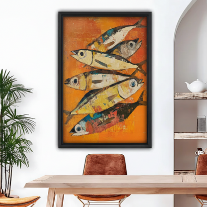 Framed abstract fish painting with bold orange background, colorful ocean wall art for dining room