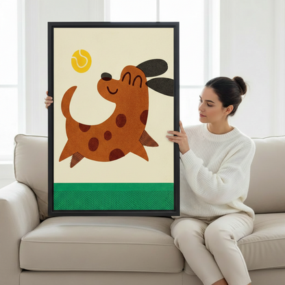 Woman holding happy dog chasing ball whimsical illustration framed canvas art on white sofa