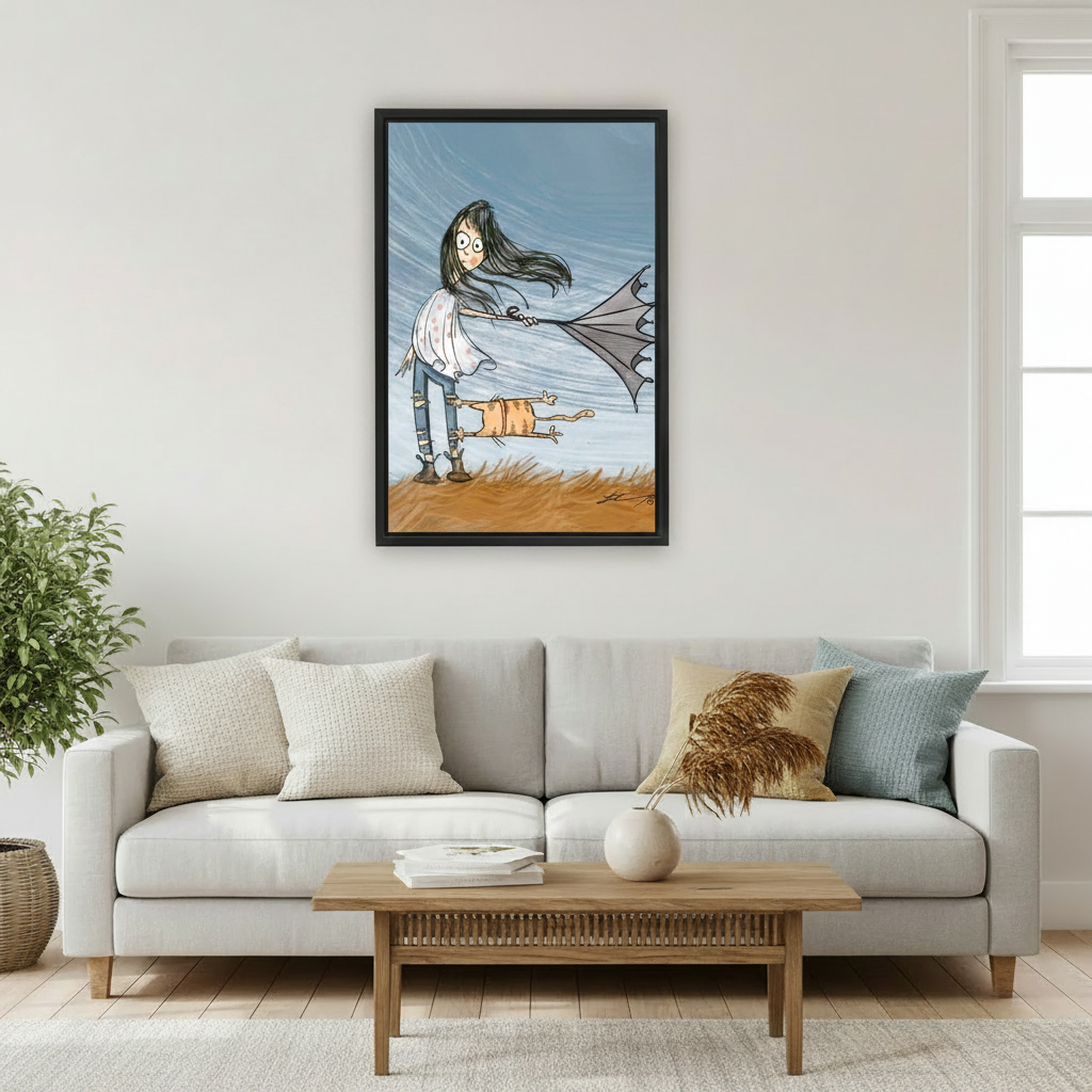Funny girl with umbrella and flat cat framed canvas print above living room sofa