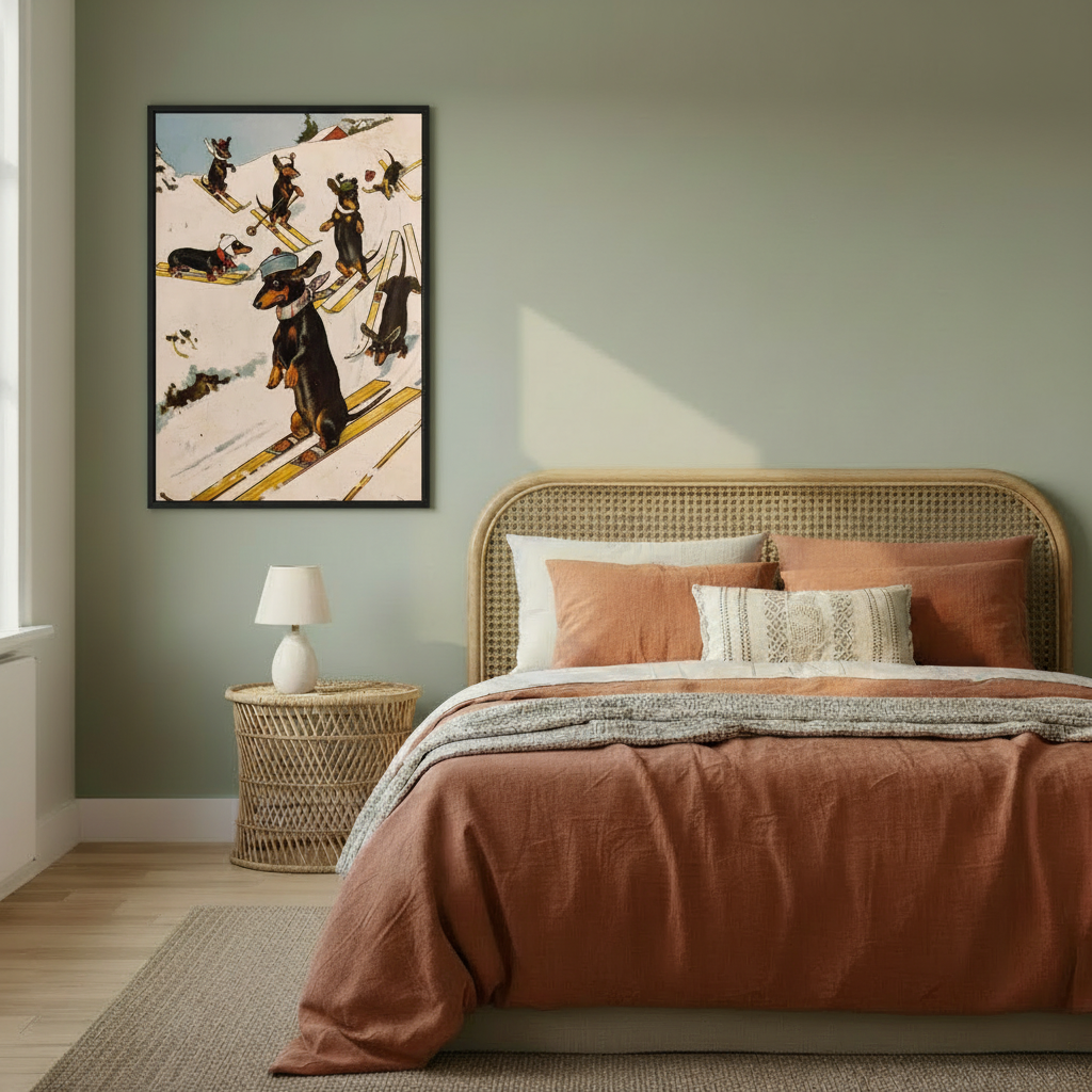 Vintage dachshund skiing wall art in black frame above rattan bed, whimsical retro dog ski print bedroom decor