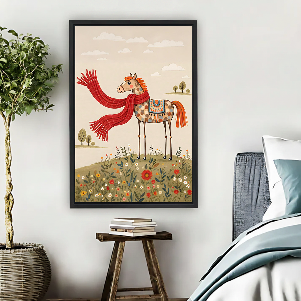 Whimsical horse in scarf canvas wall art displayed above a bedside table in a bright bedroom