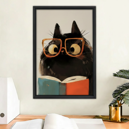 Intellectual Black Cat Reading Art Print Above Office Desk – Retro Framed Wall Decor for Workspace and Study