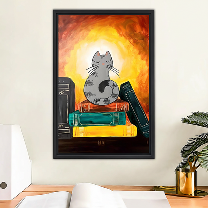 Mystical gray cat meditating on colorful book stack fiery orange halo illustration black framed wall art in cozy home office with plant
