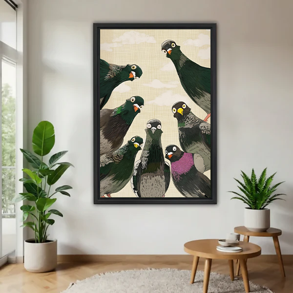Funny pigeon flock Japanese style framed canvas wall art in modern living room with plants