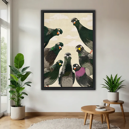 Funny pigeon flock Japanese style framed canvas wall art in modern living room with plants