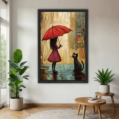 Whimsical red umbrella girl and black cat canvas wall art in a black frame beside leafy plants.