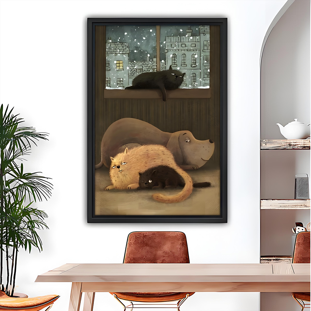 Cozy winter cats dog snowy window wall art print in black frame, dining room decor