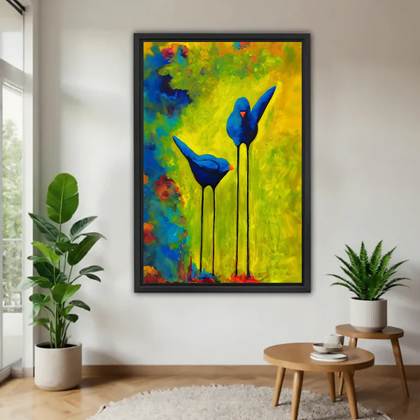 Two blue birds bold colorful modern framed canvas wall art displayed in bright living room with plants