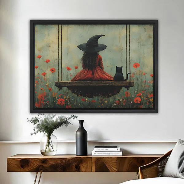 Framed witch girl black cat vintage poppy wall art print above wooden console table