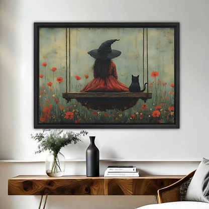 Framed witch girl black cat vintage poppy wall art print above wooden console table