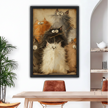Framed funny fluffy cat gang vintage canvas wall art with whimsical cats, black frame dining room decor