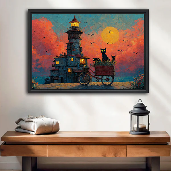 Fantasy Black Cat Lighthouse Sunset Black Framed Wall Art Print Entryway Decor