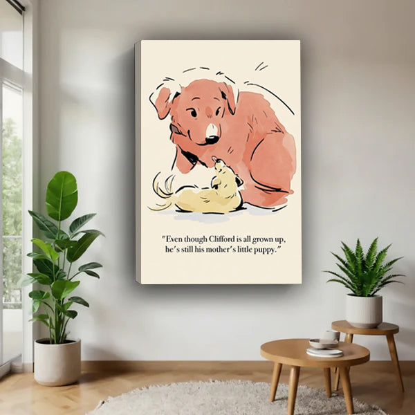 Frameless cute dog mom wall art print – mother dog and puppy love illustration, living room decor