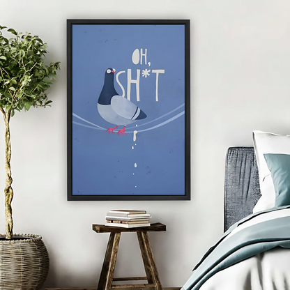 Funny pigeon quote wall art in black frame above nightstand in cozy blue-toned bedroom