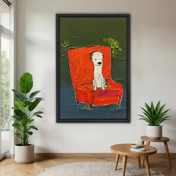 White dog sitting on bold red armchair expressionist impasto style framed canvas wall art in black frame displayed in bright living room with tropical plants