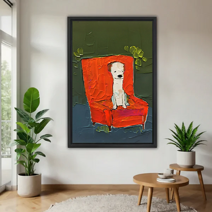 White dog sitting on bold red armchair expressionist impasto style framed canvas wall art in black frame displayed in bright living room with tropical plants
