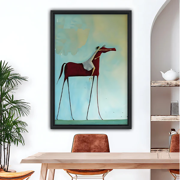Surrealist horse framed canvas wall art displayed in modern dining room
