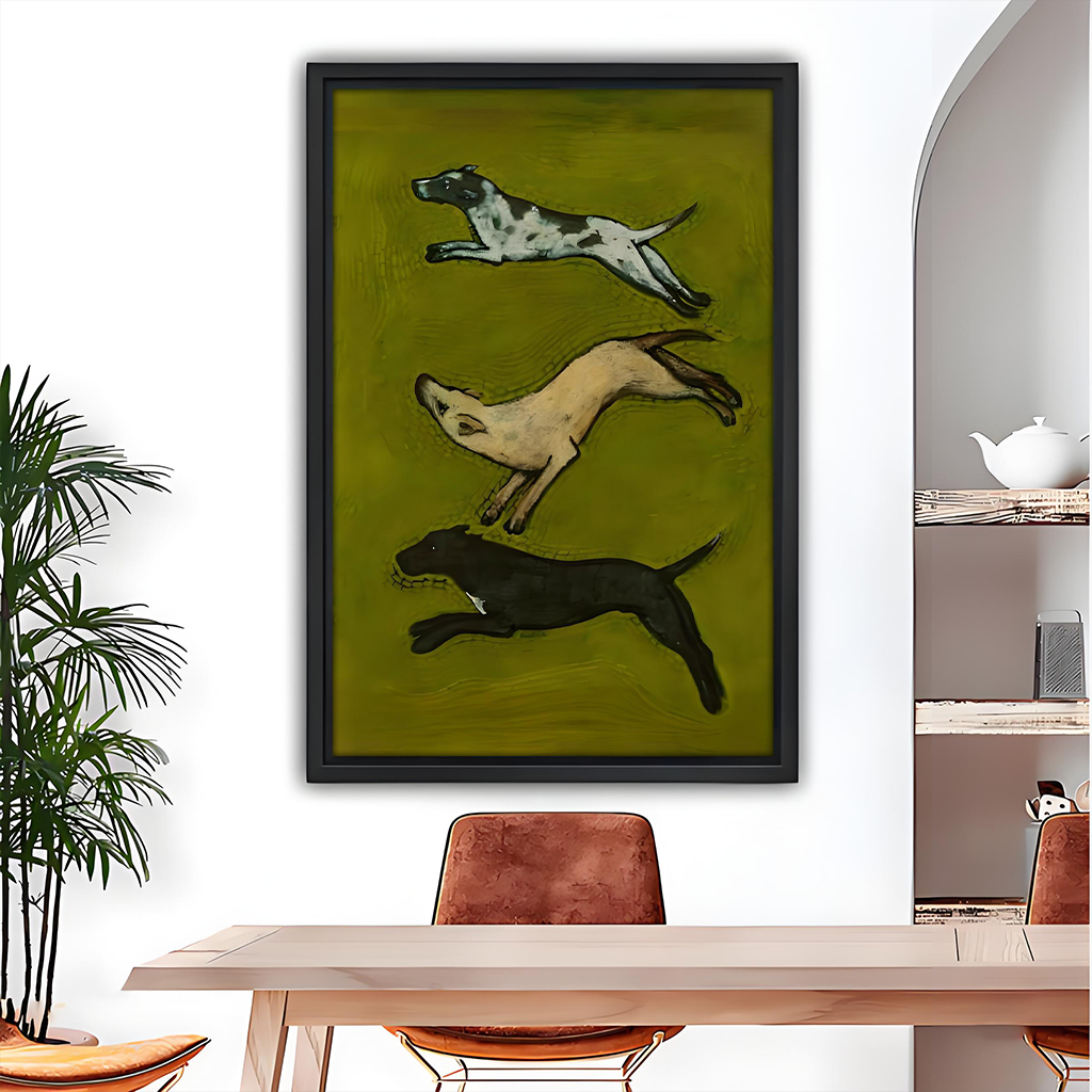 Three leaping hunting dogs vintage art print – framed canvas wall decor
