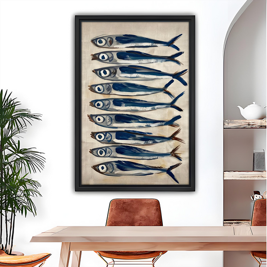 Mediterranean blue sardines fish oil painting framed wall art – coastal dining room kitchen decor