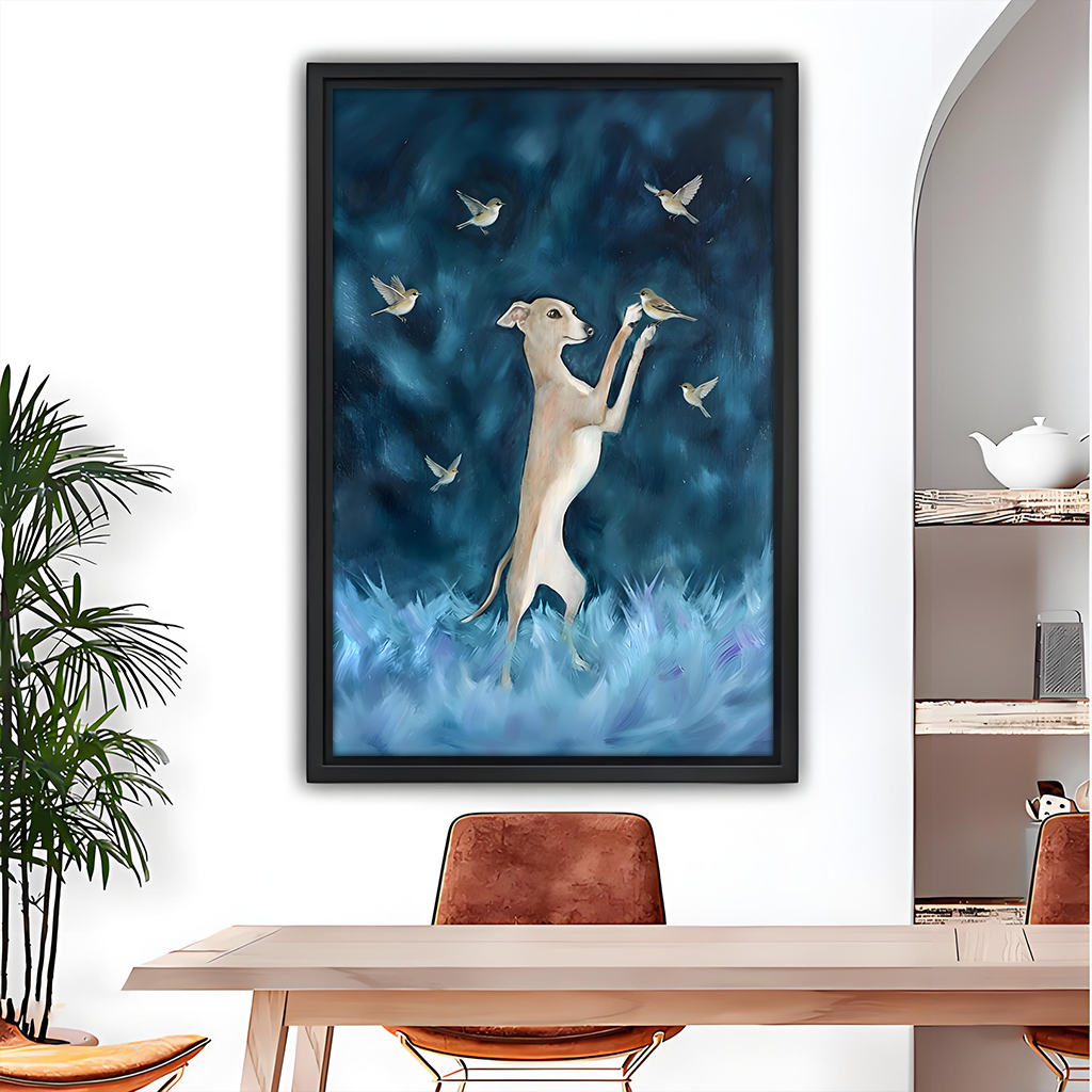 Dreamy greyhound birds fantasy oil painting framed canvas wall art – magical dog print above dining table in minimalist room with palm plant