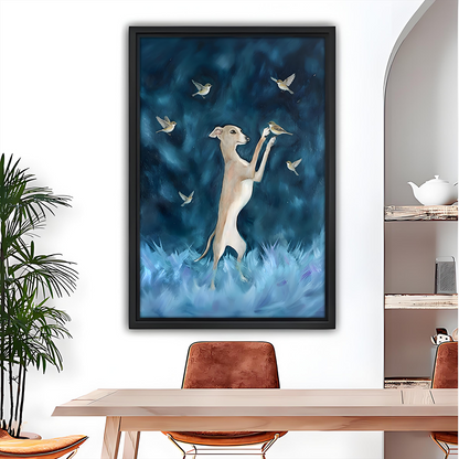 Dreamy greyhound birds fantasy oil painting framed canvas wall art – magical dog print above dining table in minimalist room with palm plant