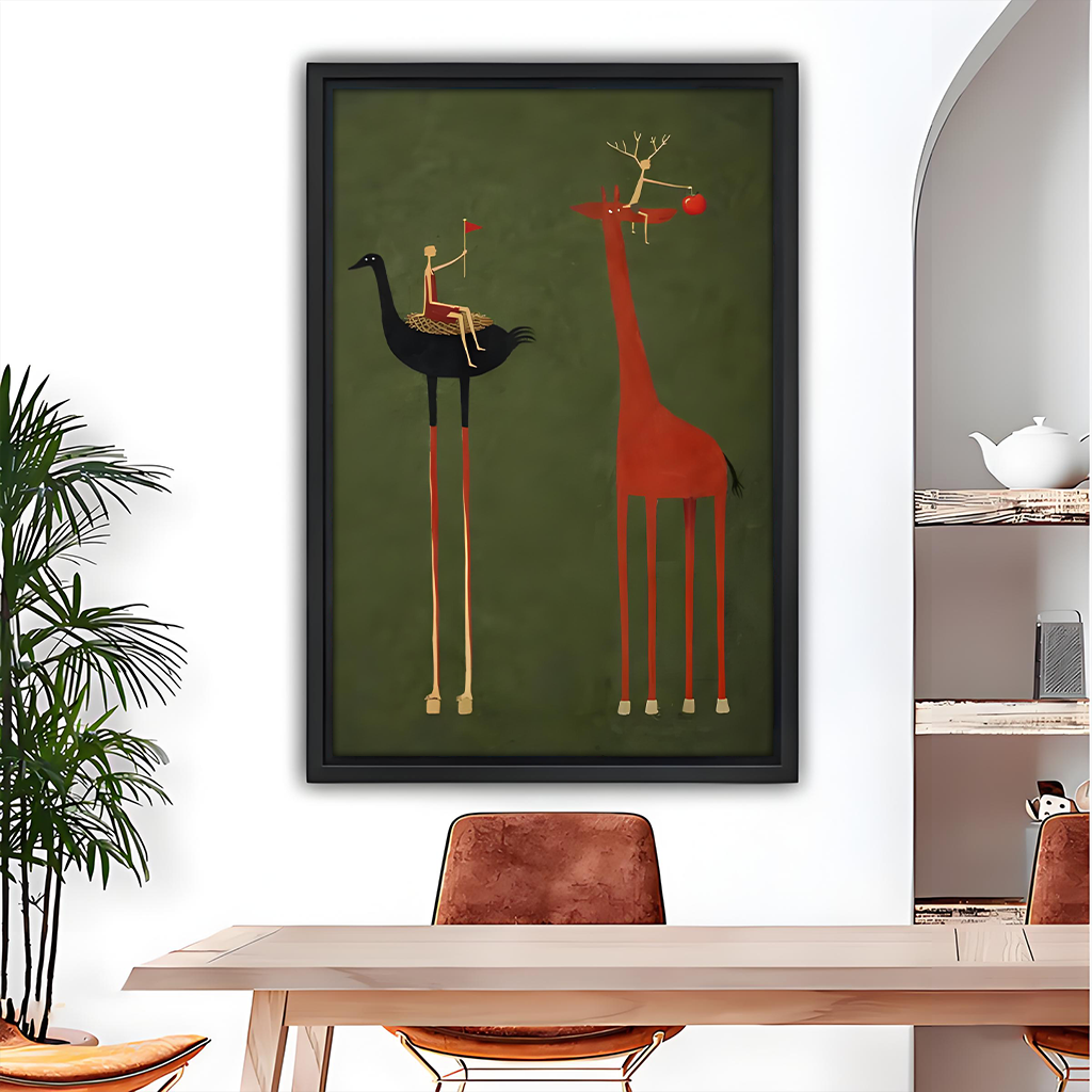 Whimsical animal riders framed canvas wall art print in dining room – olive green decor