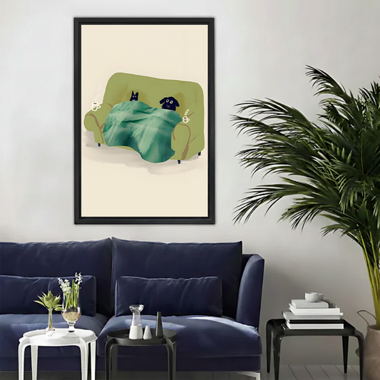 Cat and dog cozy sofa framed wall art — whimsical animal print for living room decor