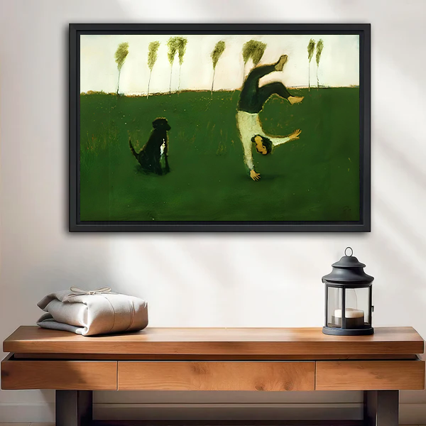 Vintage oil painting style framed canvas wall art of a figure doing a cartwheel with a black dog on a green field, entryway decor