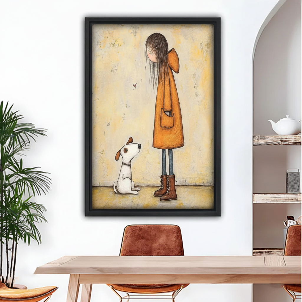 Framed girl with puppy illustrated wall art in black frame above dining table in modern home