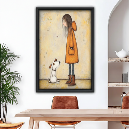 Framed girl with puppy illustrated wall art in black frame above dining table in modern home
