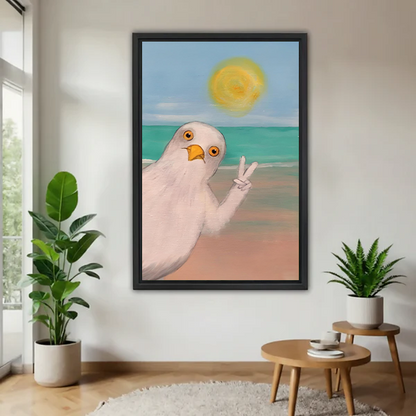 Whimsical bird beach wall art in black frame hanging in modern living room