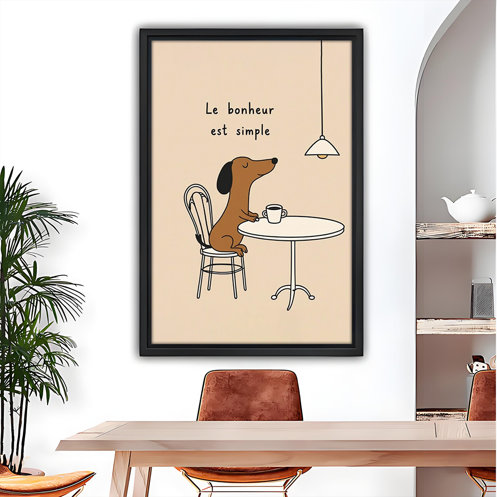 Gallery-wrap French cafe dachshund canvas wall art above a wooden dining table with tan leather chairs