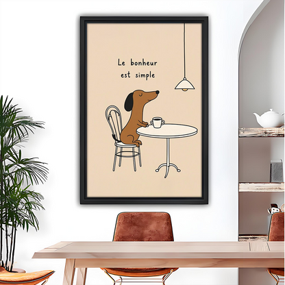 Gallery-wrap French cafe dachshund canvas wall art above a wooden dining table with tan leather chairs