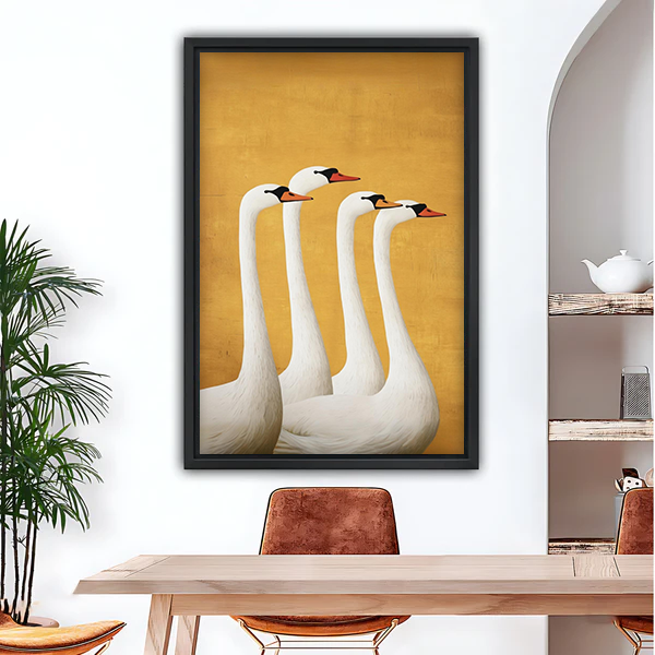 Elegant swan quartet golden background framed canvas wall art in black frame, four white swans luxury bird print for dining room decor