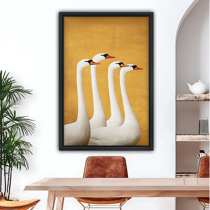 Elegant swan quartet golden background framed canvas wall art in black frame, four white swans luxury bird print for dining room decor