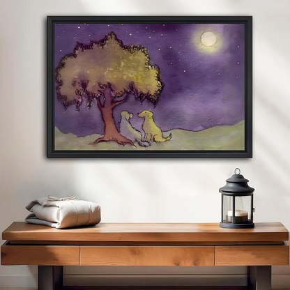 Romantic dogs moonlight watercolor framed canvas wall art – whimsical night sky print above entryway table