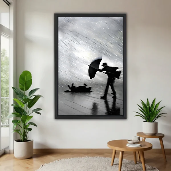 Black white rainy day man umbrella slipping dog framed canvas wall art – humorous photography print in minimalist living room with plants