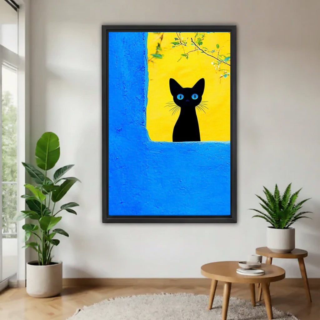  Black cat blue eyes Mediterranean wall art framed print, black frame, bold blue and yellow color block, displayed in a bright minimalist entryway with indoor plants