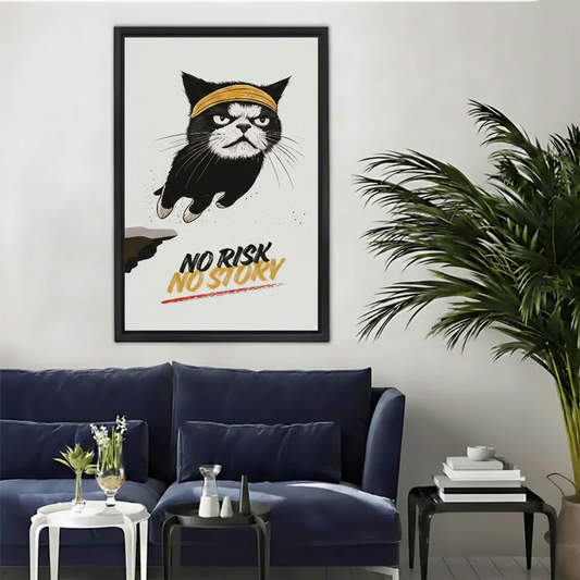 No Risk No Story motivational cat wall art – framed black cat ninja print displayed in modern living room above navy sofa