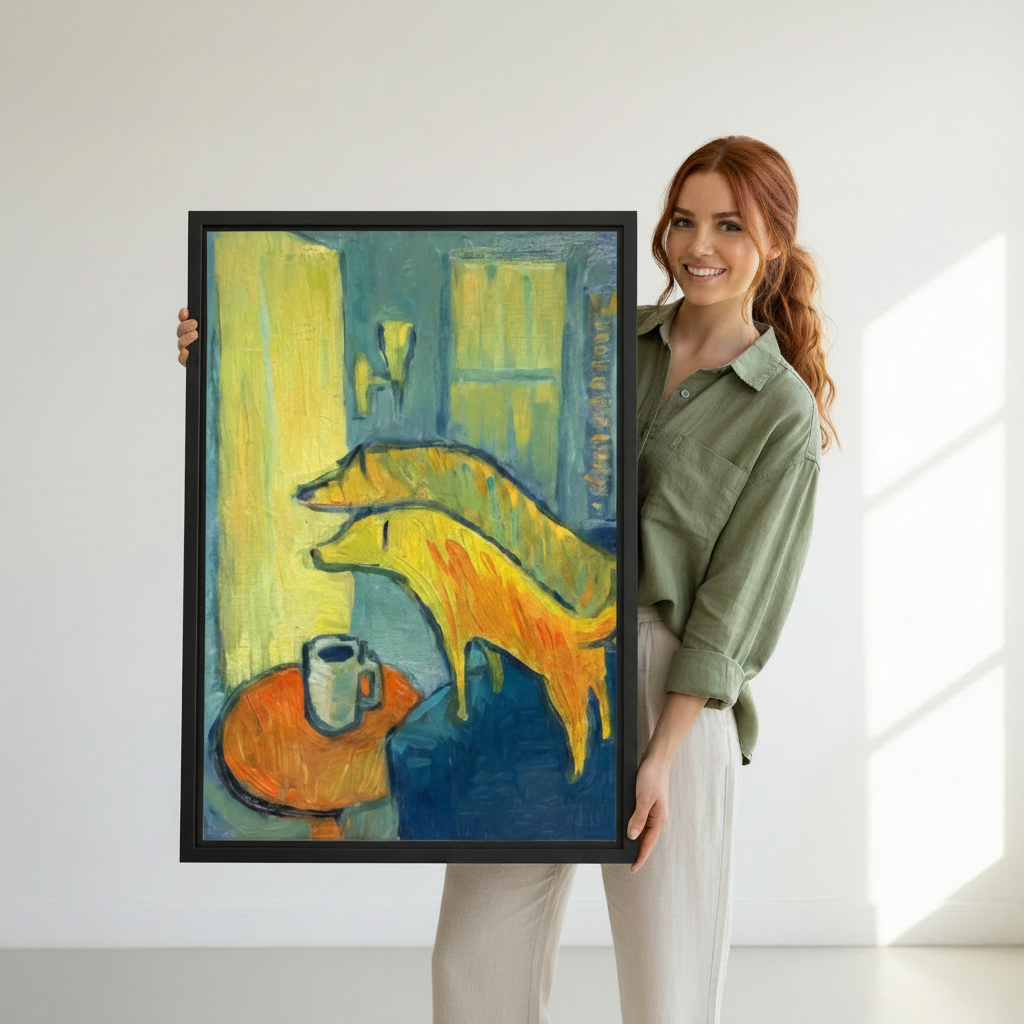 Woman holding large fauvist golden dog coffee cup framed canvas wall art print