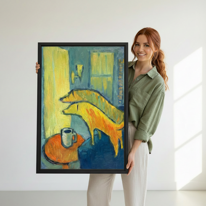 Woman holding large fauvist golden dog coffee cup framed canvas wall art print