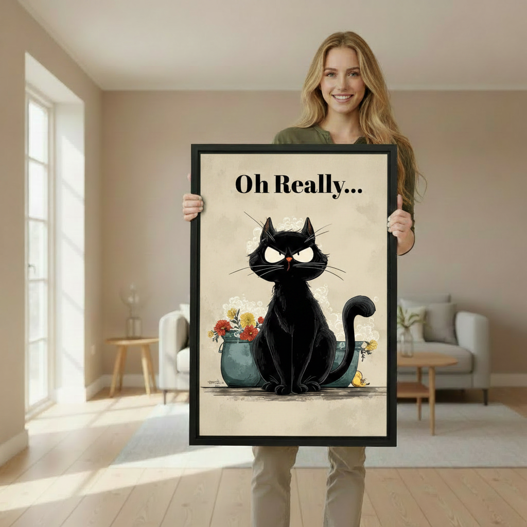 "Oh Really" Grumpy Black Cat Vintage Canvas Wall Art l2012